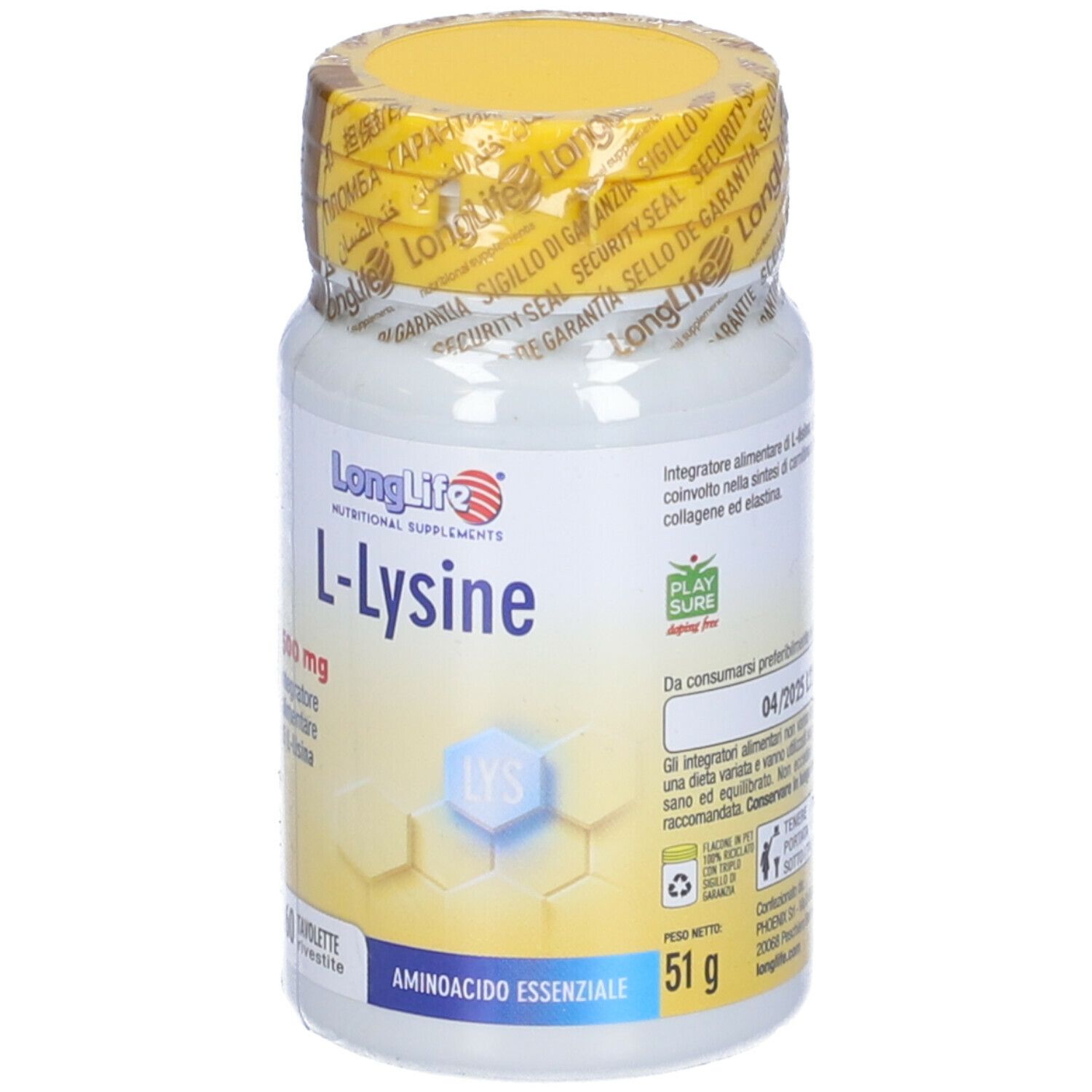 Flacone bianco, tappo giallo. Scritta: LongLife L-Lysine 500mg. 60 compresse. Data di scadenza.