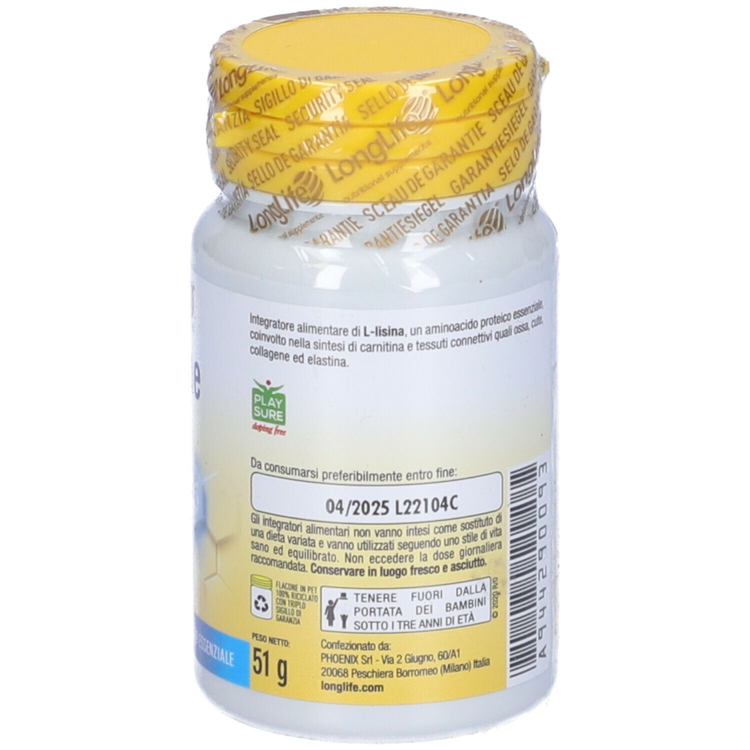 Flacone bianco, tappo giallo. Scritta: LongLife L-Lysine 500mg. 60 compresse. Data di scadenza.