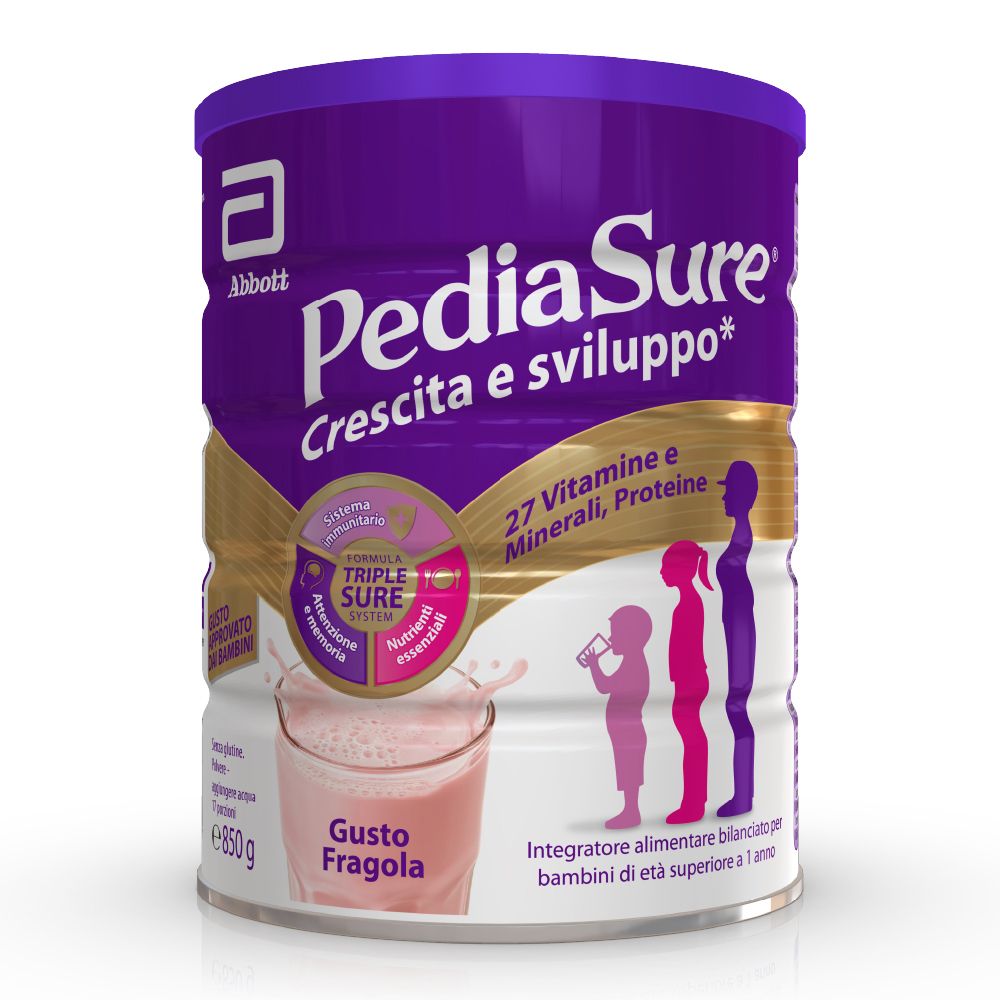 Dose PediaSure, lila mit goldenem Deckel. Aufschrift: PediaSure Wachstum & Entwicklung. Geschmack: Erdbeere. Enthält Vitamine und Mineralien.