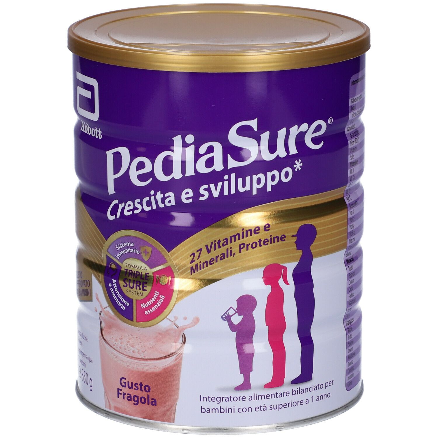 Dose PediaSure, lila mit goldenem Deckel. Aufschrift: PediaSure Wachstum & Entwicklung. Geschmack: Erdbeere. Enthält Vitamine und Mineralien.
