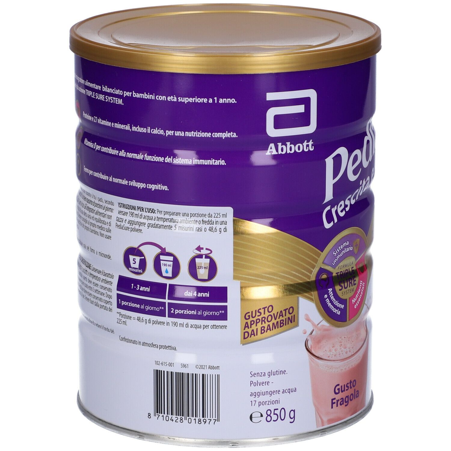 Rückseite der PediaSure-Dose. Enthält Zubereitungsanweisungen, Nährwertangaben und Zutatenliste. Mit Erdbeergeschmack.