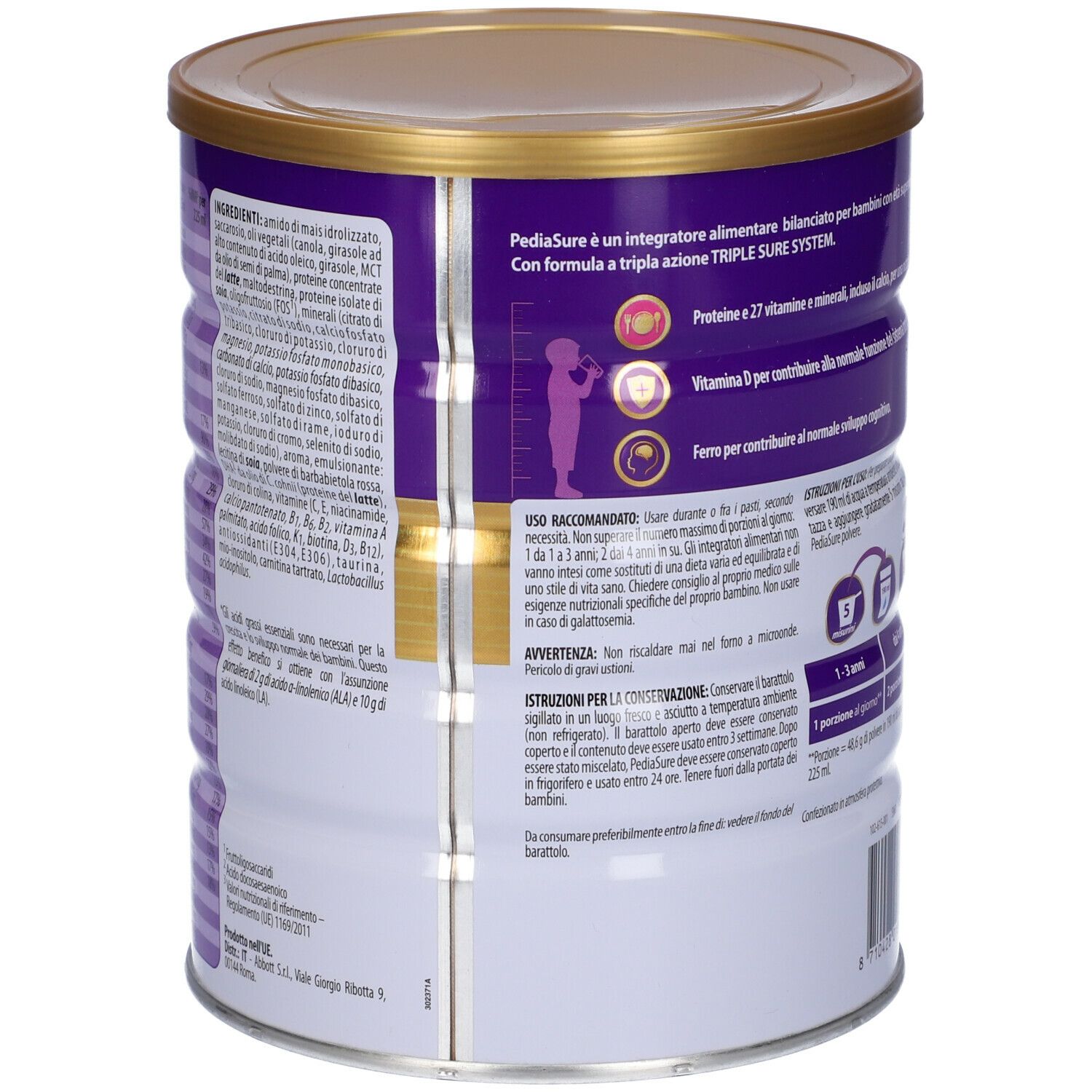 Rückseite der PediaSure-Dose. Enthält Zubereitungsanweisungen, Nährwertangaben und Zutatenliste. Mit Erdbeergeschmack.