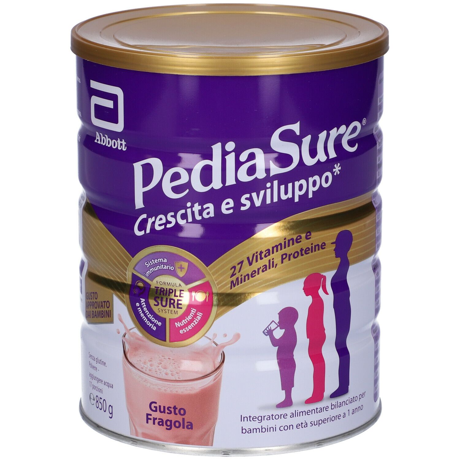 Dose PediaSure, lila mit goldenem Deckel. Aufschrift: PediaSure Wachstum & Entwicklung. Geschmack: Erdbeere. Enthält Vitamine und Mineralien.