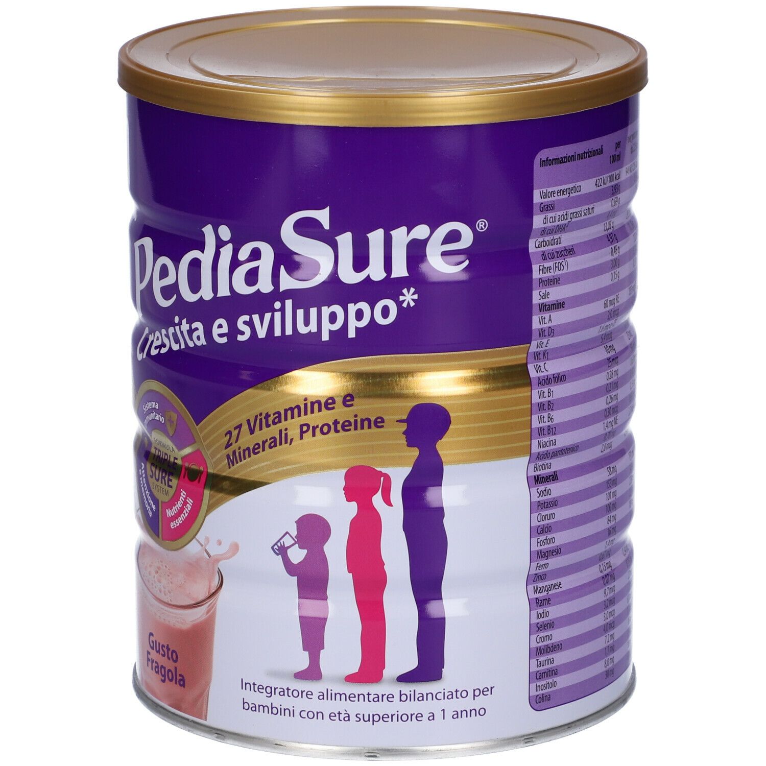 Rückseite der PediaSure-Dose. Enthält Zubereitungsanweisungen, Nährwertangaben und Zutatenliste. Mit Erdbeergeschmack.