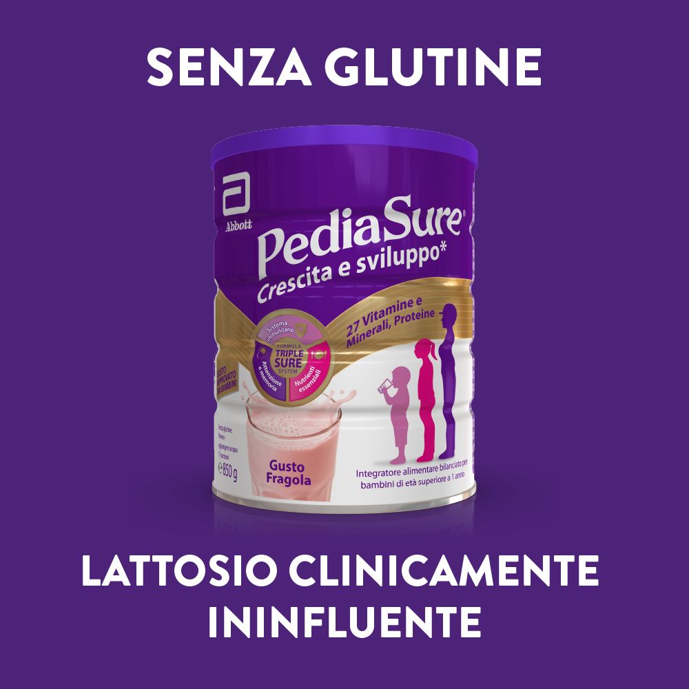 Dose PediaSure, lila mit goldenem Deckel. Aufschrift: PediaSure Wachstum & Entwicklung. Ohne Gluten. Laktose klinisch unbedeutend.