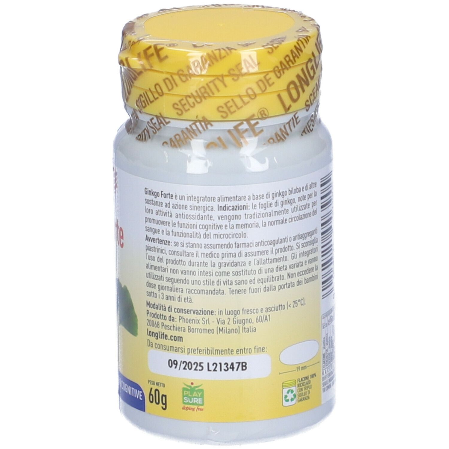 Retro del flacone. Testo con ingredienti e dosaggio. Tappo giallo con sigillo.