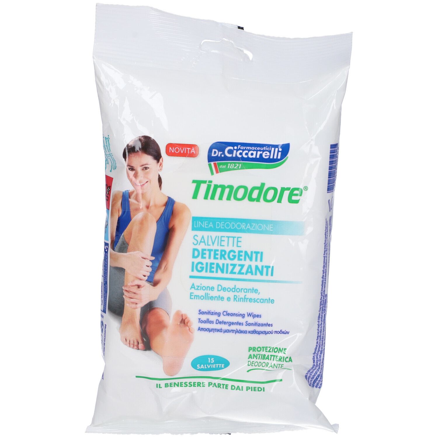 Confezione di salviette 'Timodore'. Donna con gamba. Testo: 'Salviette Detergenti Igienizzanti'. 15 pezzi.