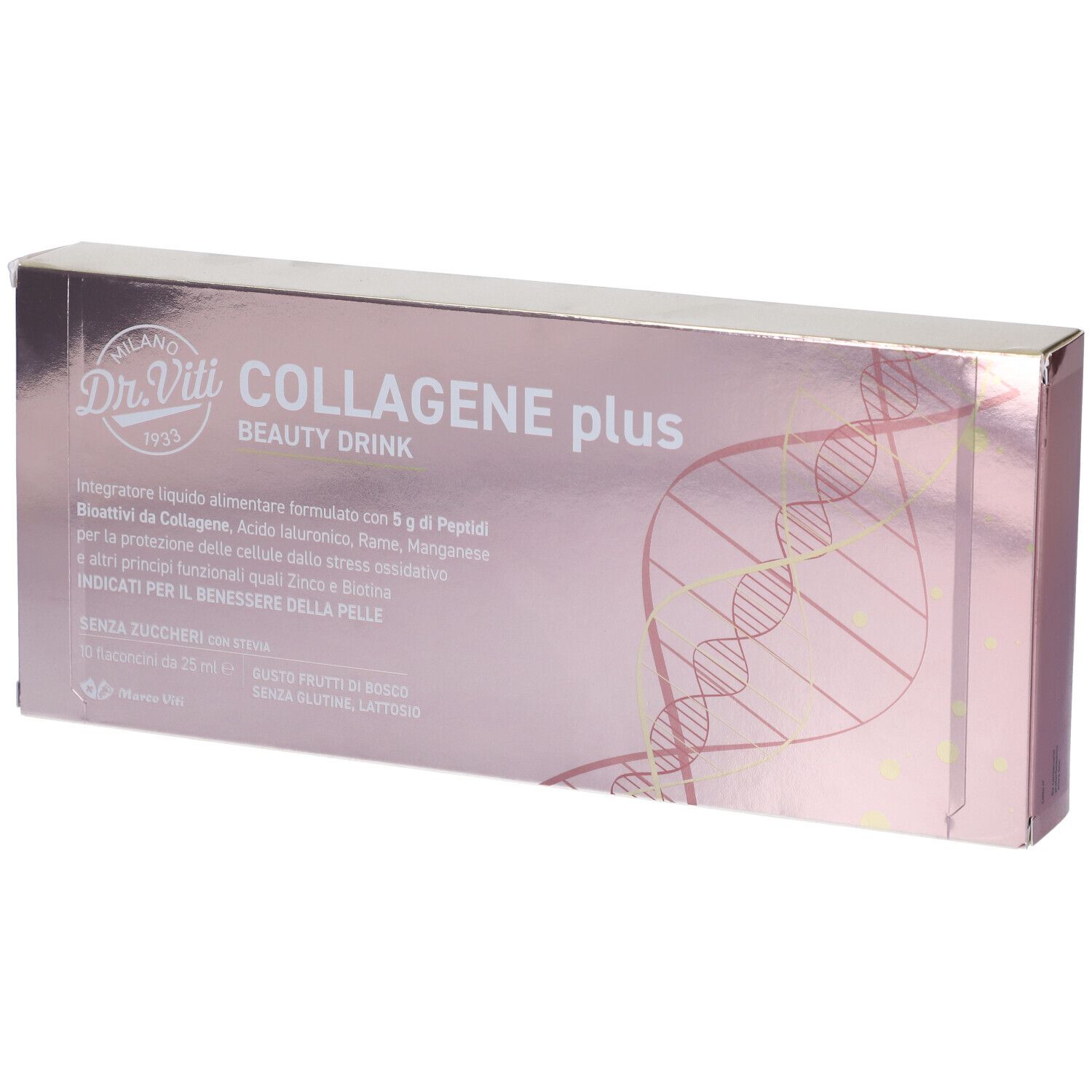 Scatola rosa "Dr. Viti COLLAGENE plus BEAUTY DRINK". Stampa con ingredienti e logo. Forma rettangolare.