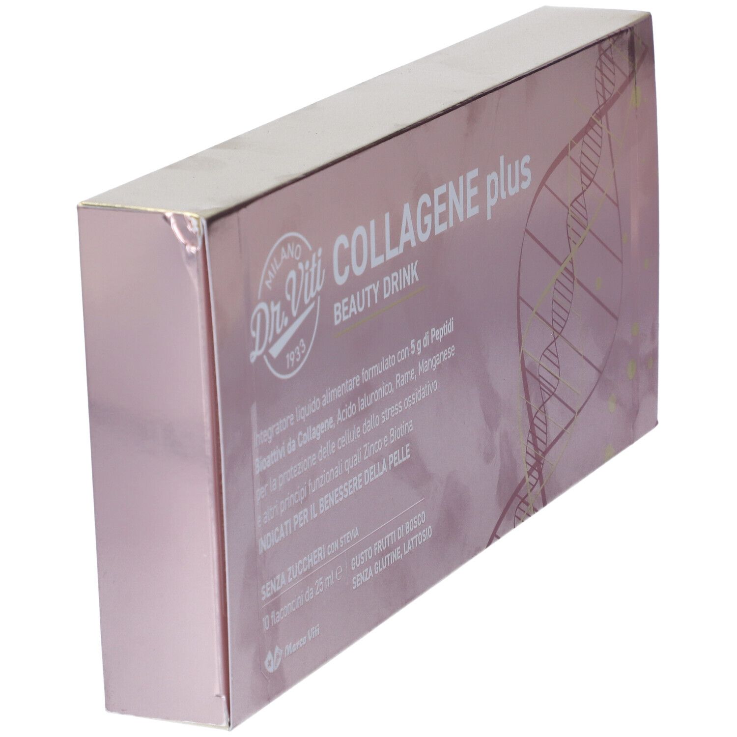 Scatola rosa "Dr. Viti COLLAGENE plus BEAUTY DRINK". Vista laterale. Logo e nome del prodotto visibili.