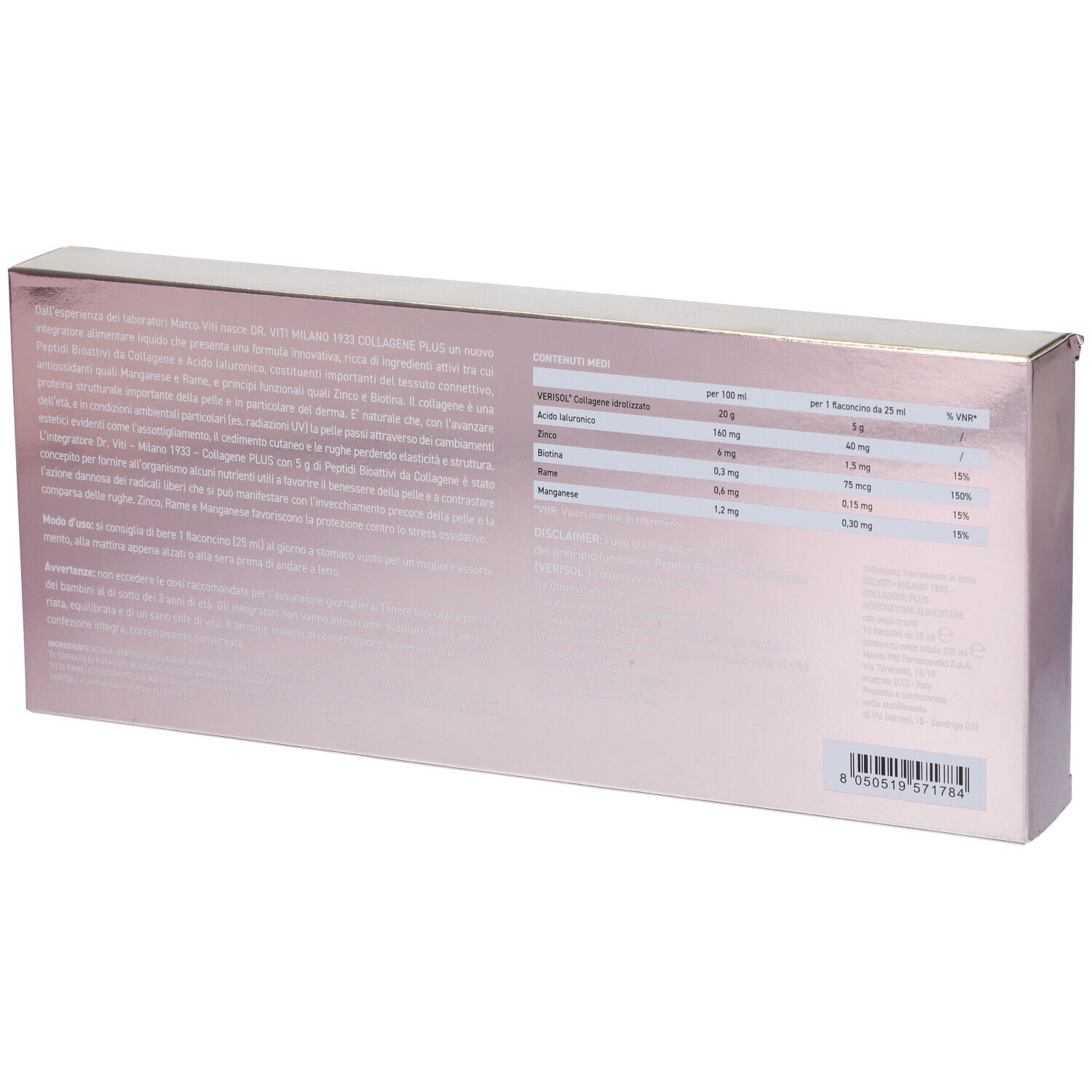 Retro della scatola rosa. Testo con informazioni nutrizionali e ingredienti. Codice a barre.