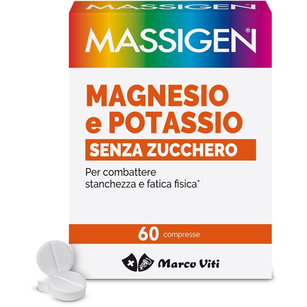 Confezione di Massigen Magnesio e Potassio senza zucchero. 60 compresse. Due compresse accanto.