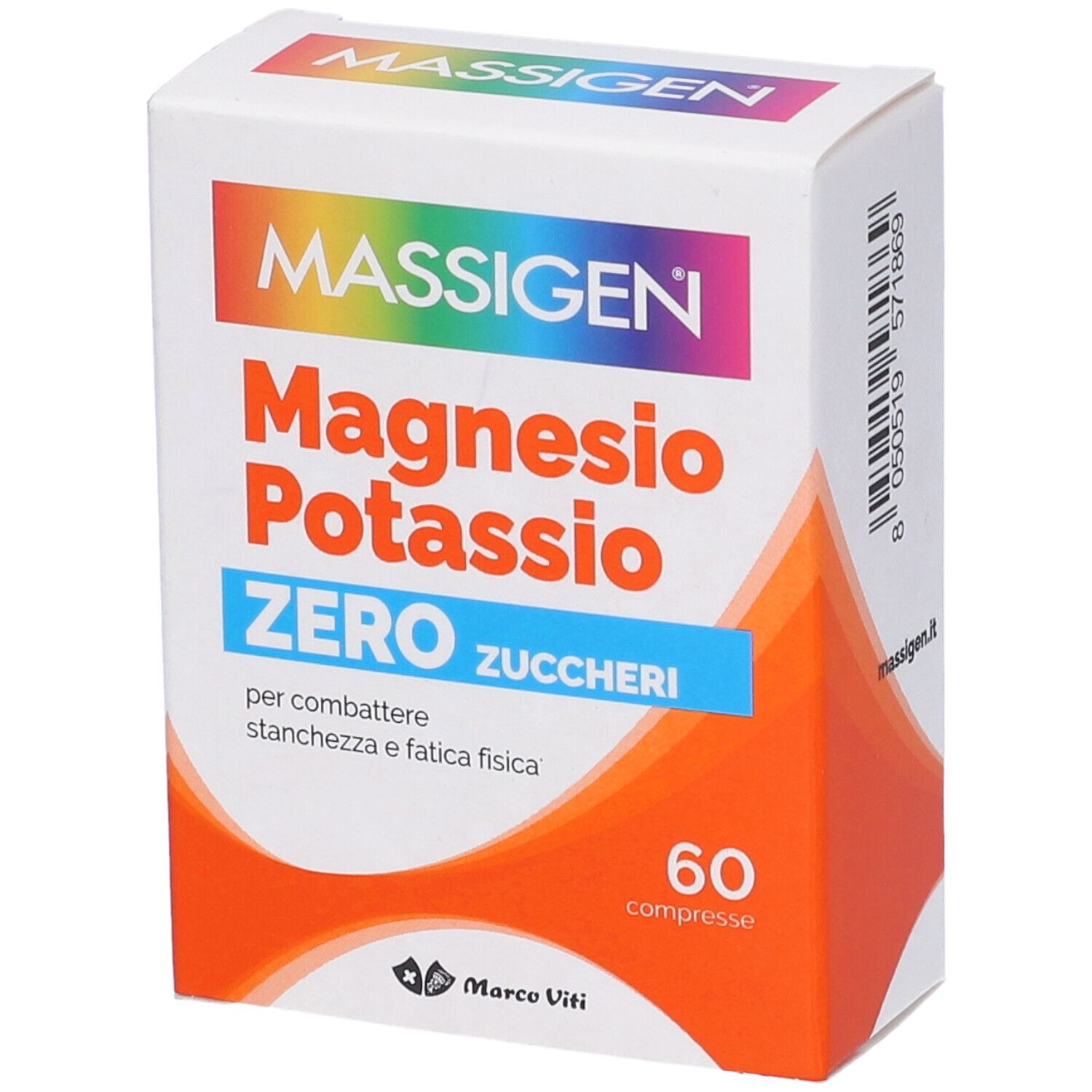 Confezione di Massigen Magnesio e Potassio senza zucchero. 60 compresse. Sfondo arancione.