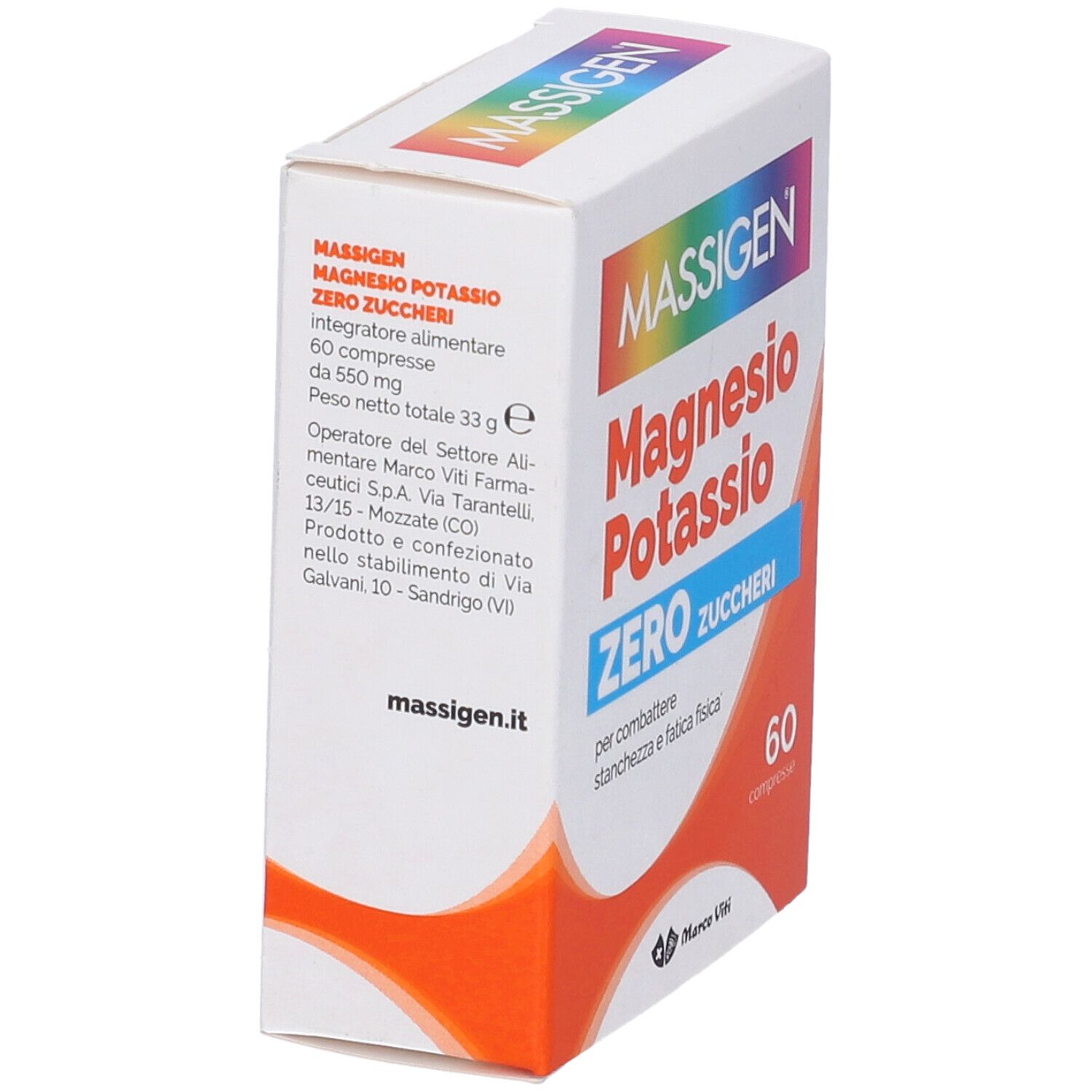 Confezione di Massigen Magnesio e Potassio senza zucchero. 60 compresse. Vista obliqua.