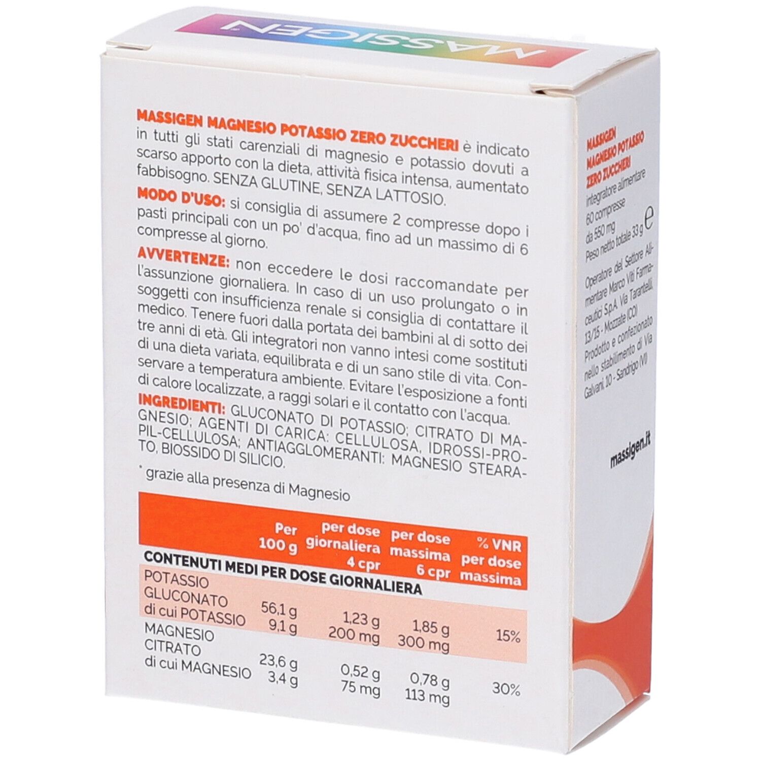Retro della confezione di Massigen Magnesio e Potassio. Testo con ingredienti e valori nutrizionali.