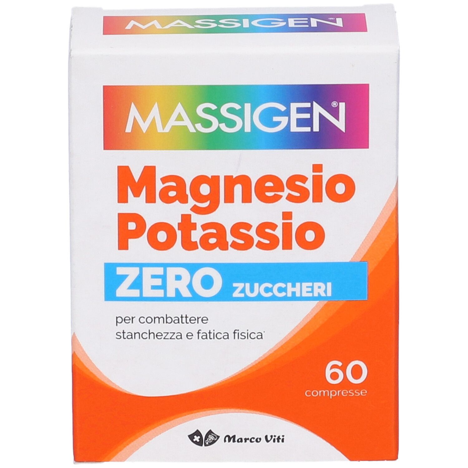 Confezione di Massigen Magnesio e Potassio senza zucchero. 60 compresse. Primo piano.
