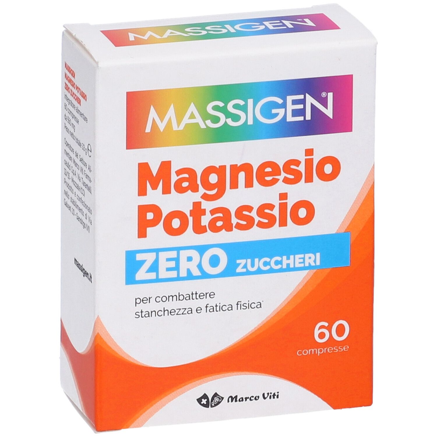 Confezione di Massigen Magnesio e Potassio senza zucchero. 60 compresse. Vista obliqua.