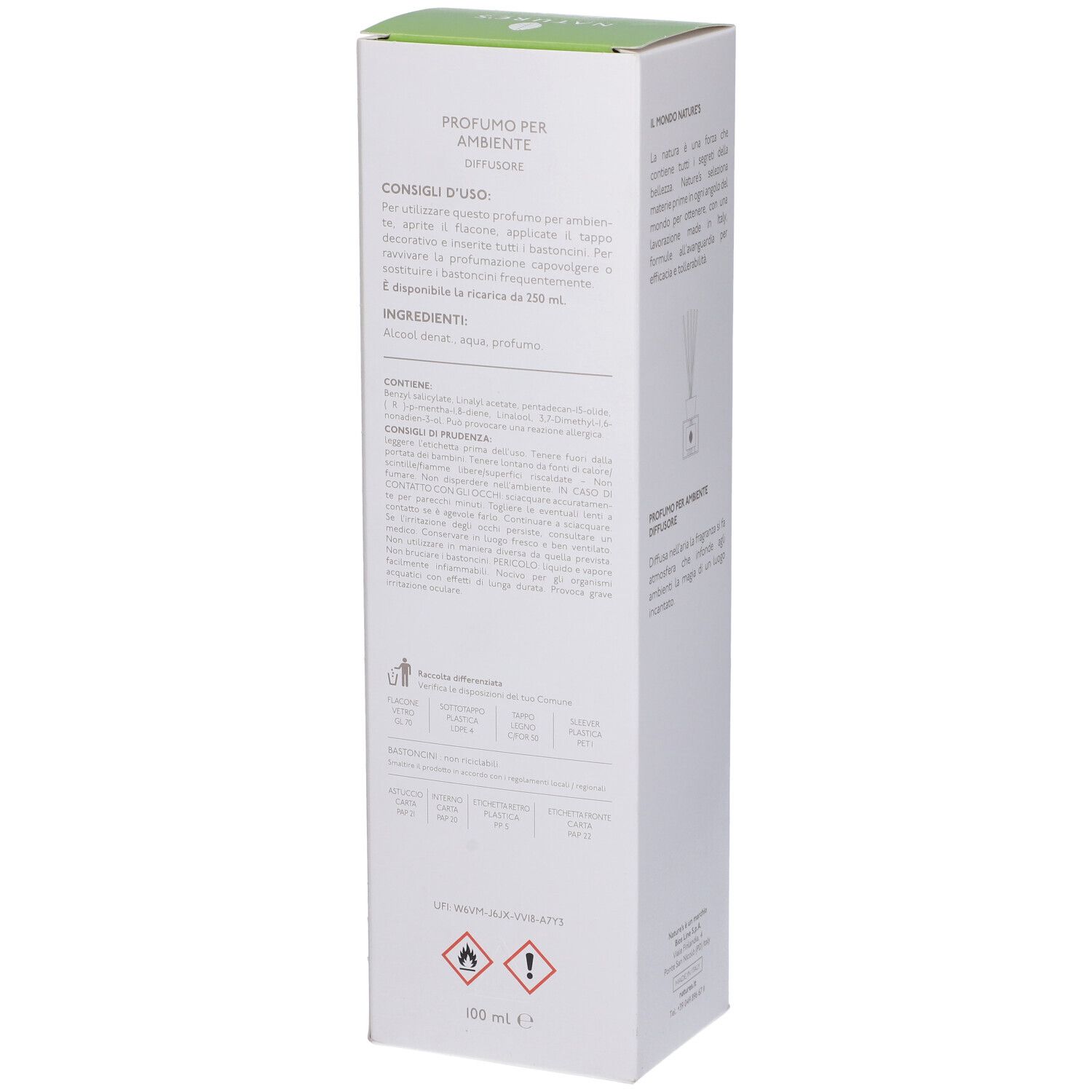 Confezione bianca con testo. Contiene informazioni sugli ingredienti e avvertenze.