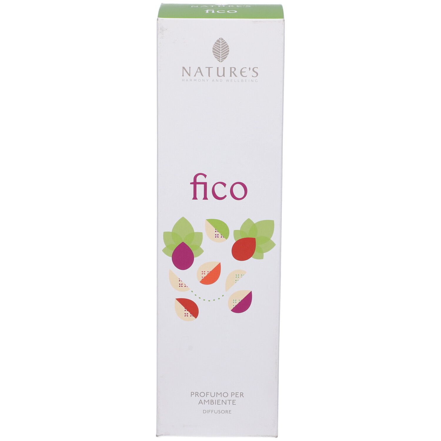 Confezione bianca con logo, scritta "fico" e illustrazioni di frutta e foglie.