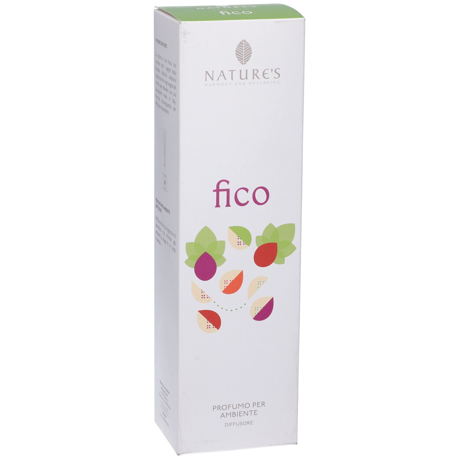 Confezione bianca con logo e scritta "fico". Illustrazioni di frutta e foglie.