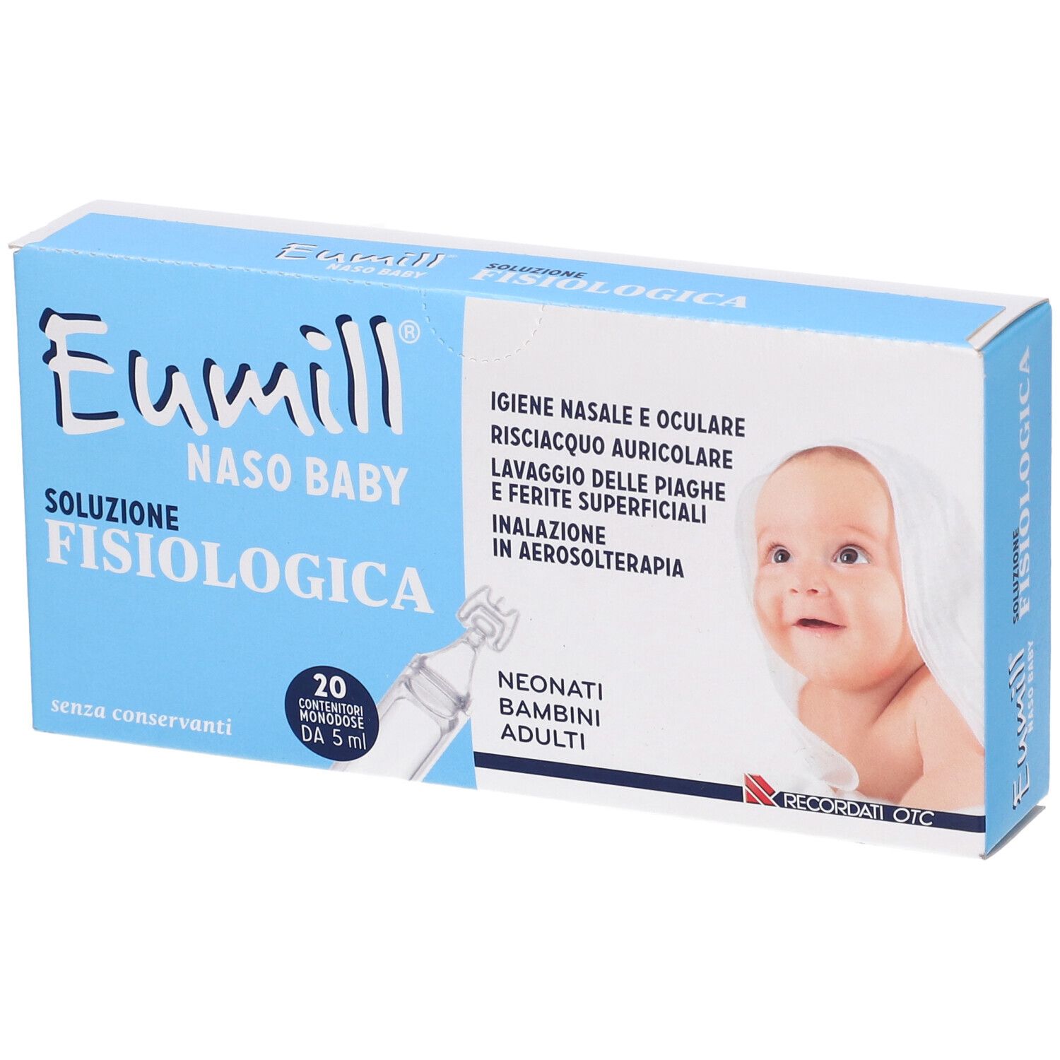 Hellblaue Schachtel mit Produktnamen, Babyabbildung und Produktinformationen. Enthält 20 Einzeldosisbehälter.