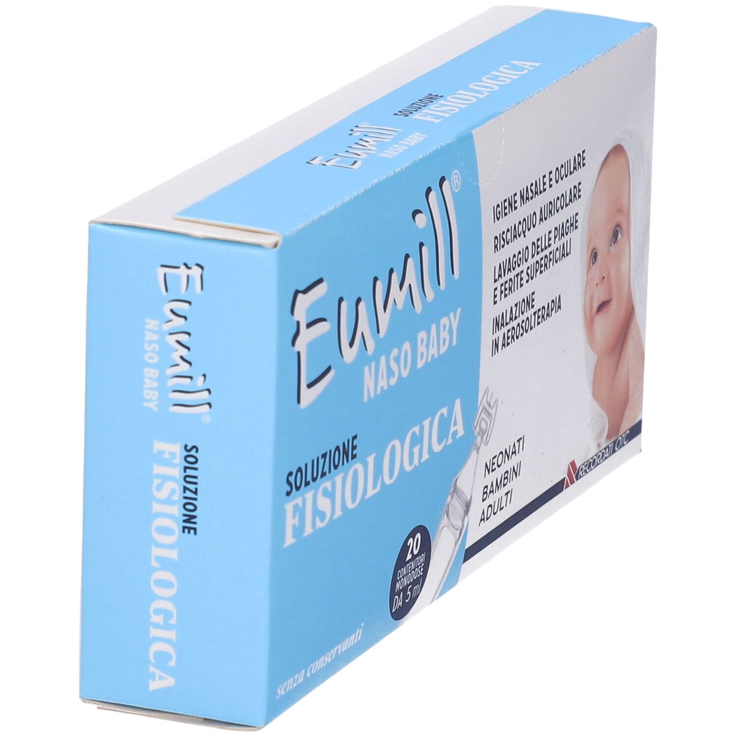 Hellblaue Schachtel mit Produktnamen, Babyabbildung und Produktinformationen. Enthält 20 Einzeldosisbehälter.