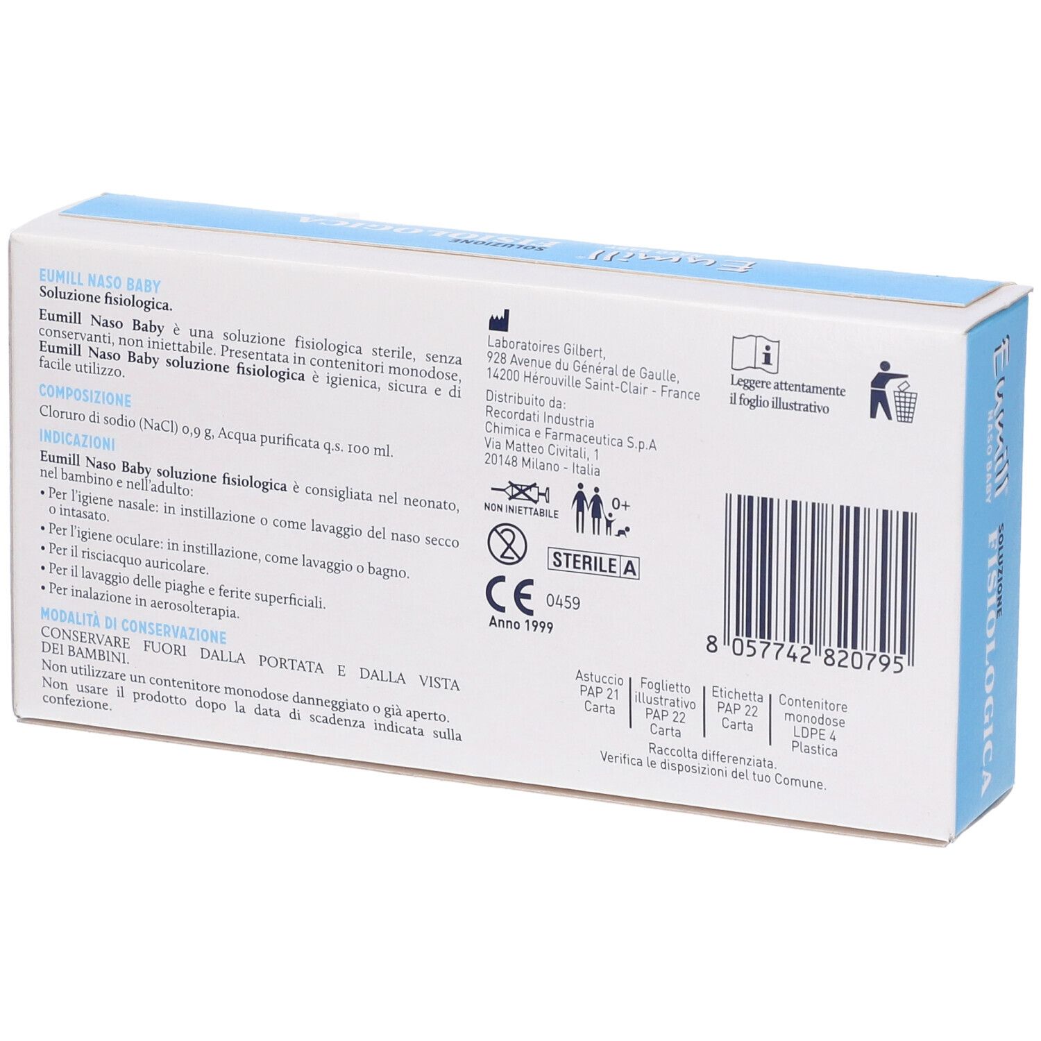 Rückseite einer hellblauen Schachtel mit Produktinformationen, Text und Barcode. Enthält 20 Einzeldosisbehälter.