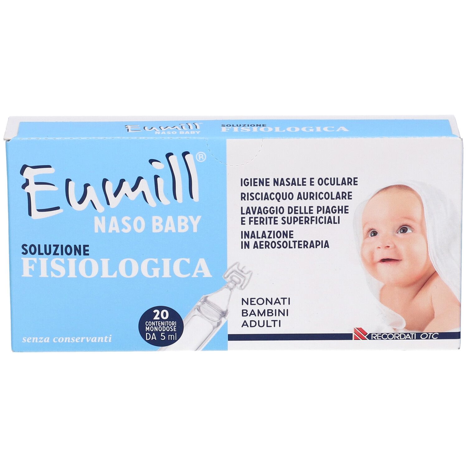 Hellblaue Schachtel mit Produktnamen, Babyabbildung und Produktinformationen. Enthält 20 Einzeldosisbehälter.