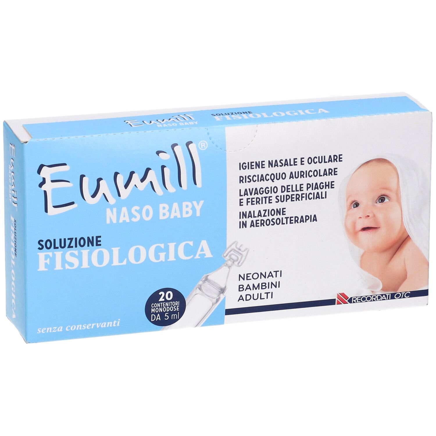 Hellblaue Schachtel mit Produktnamen, Babyabbildung und Produktinformationen. Enthält 20 Einzeldosisbehälter.