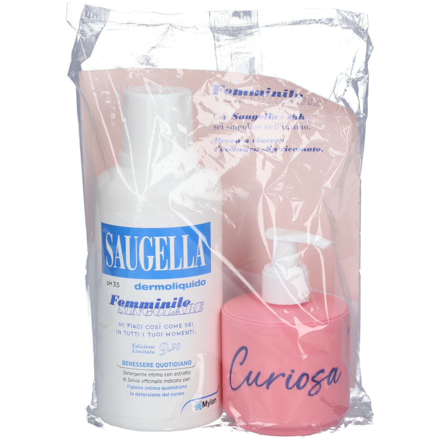 Saugella Dermoliquide Emulsion et récipient rose dans un emballage plastique. Texte : "Femminite", "Curiosa".
