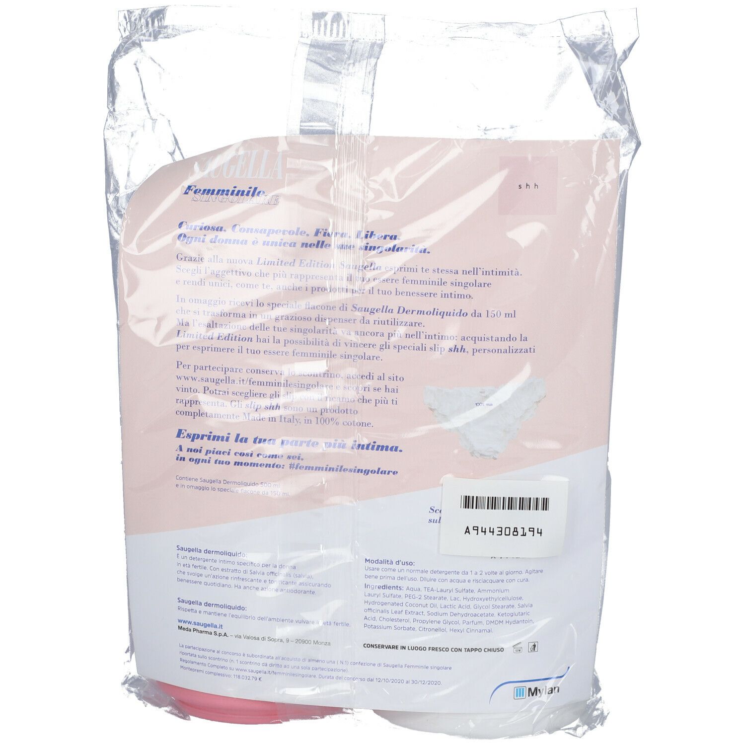 Dos de l'emballage plastique avec texte. Contient Saugella Dermoliquide Emulsion et récipient rose.