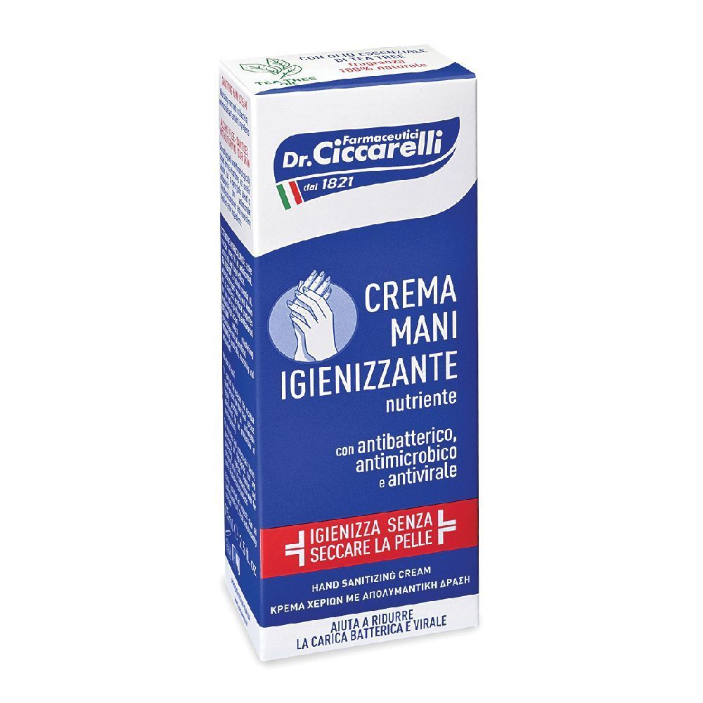 Scatola di crema mani Dr. Ciccarelli. Confezione blu e bianca con nome del prodotto e logo.