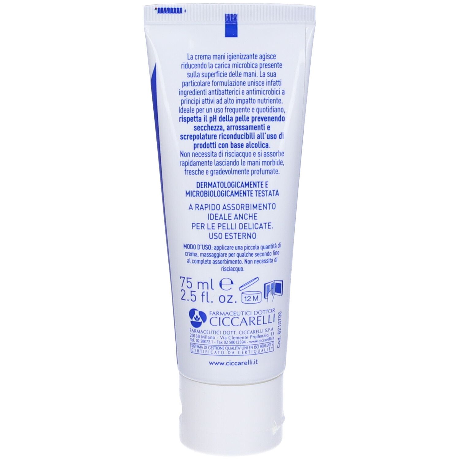 Retro del tubo di crema mani. Informazioni testuali in italiano. Nome del prodotto e marchio.