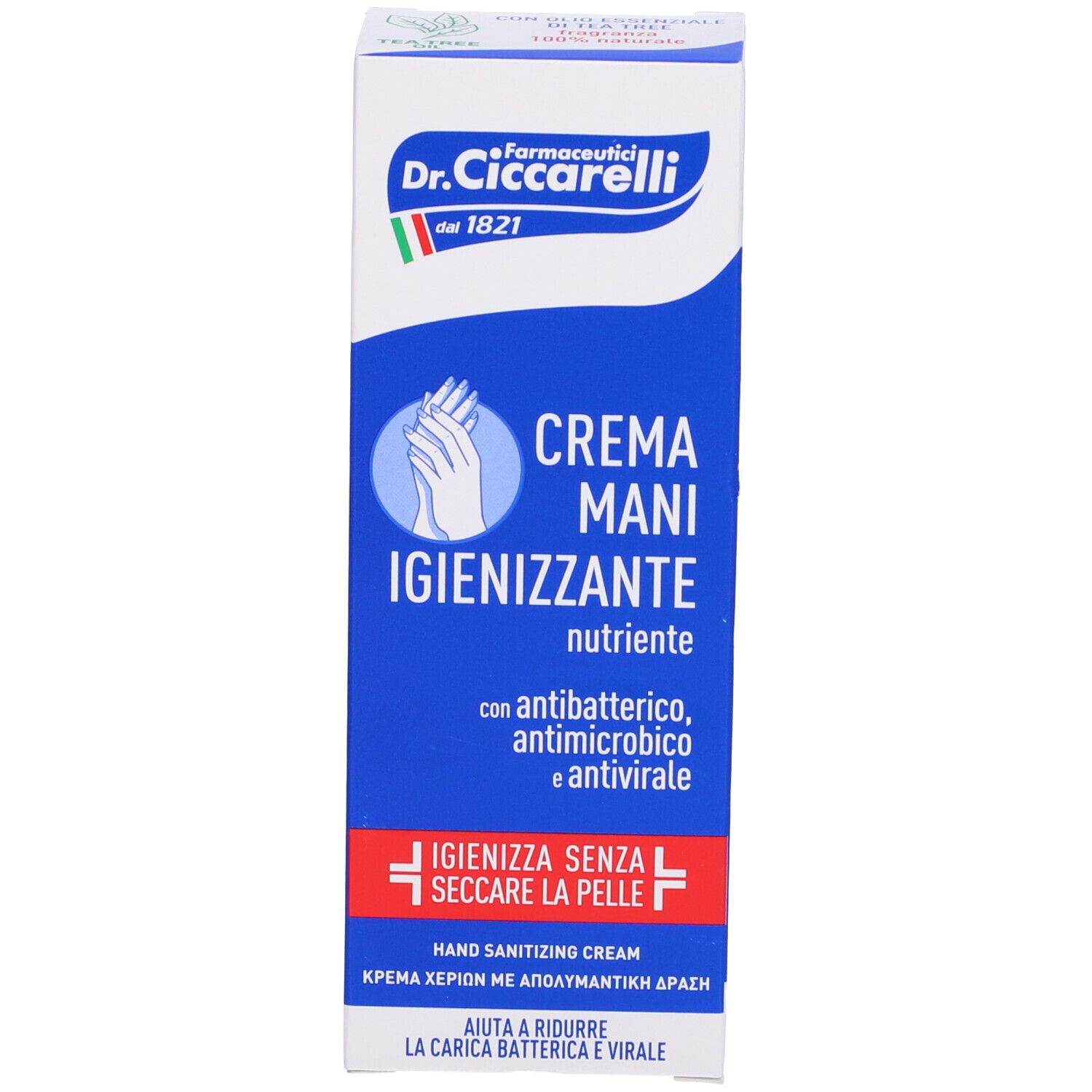 Scatola di crema mani Dr. Ciccarelli. Confezione blu e bianca con nome del prodotto e logo.