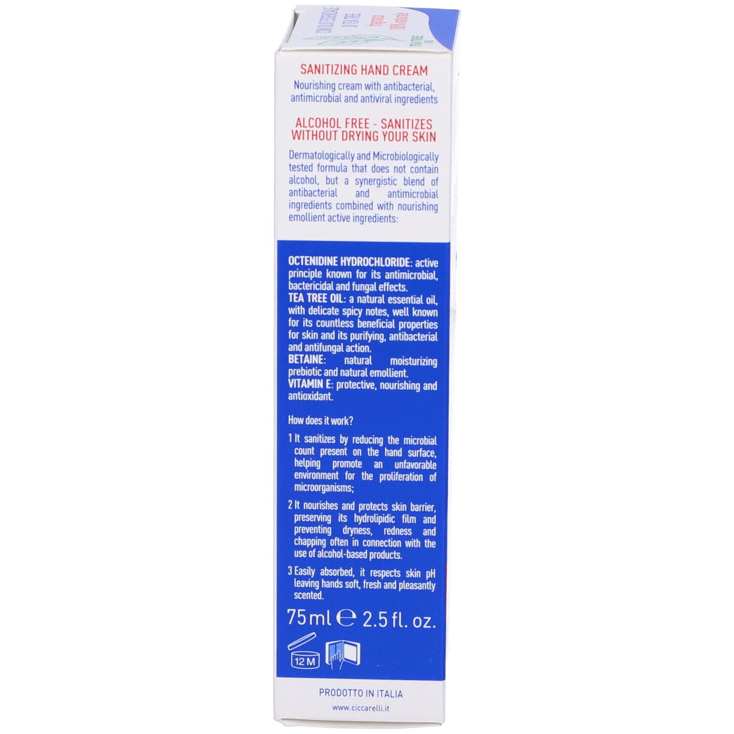 Retro della scatola di crema mani. Informazioni testuali in italiano. Nome del prodotto e marchio.
