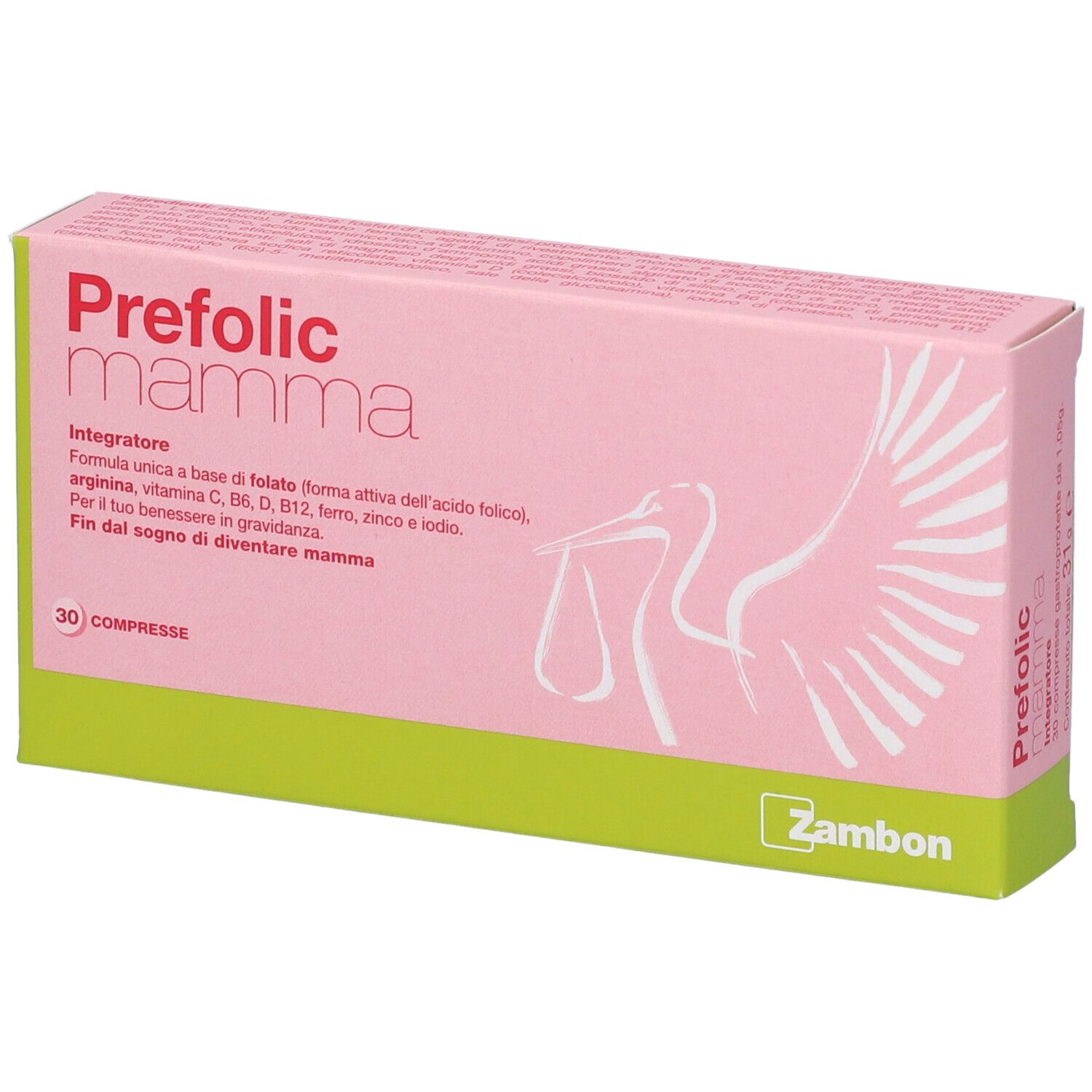 Scatola rosa e verde con logo "Prefolic mamma" e illustrazione di cicogna. Contiene 30 compresse.