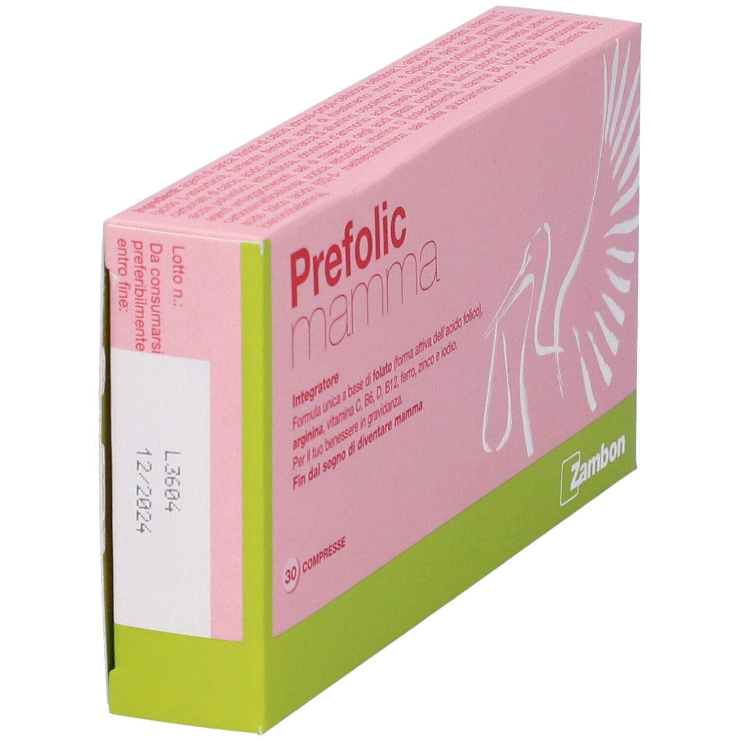 Scatola "Prefolic mamma" rosa e verde. Logo, testo e illustrazione di cicogna. Data di scadenza visibile.