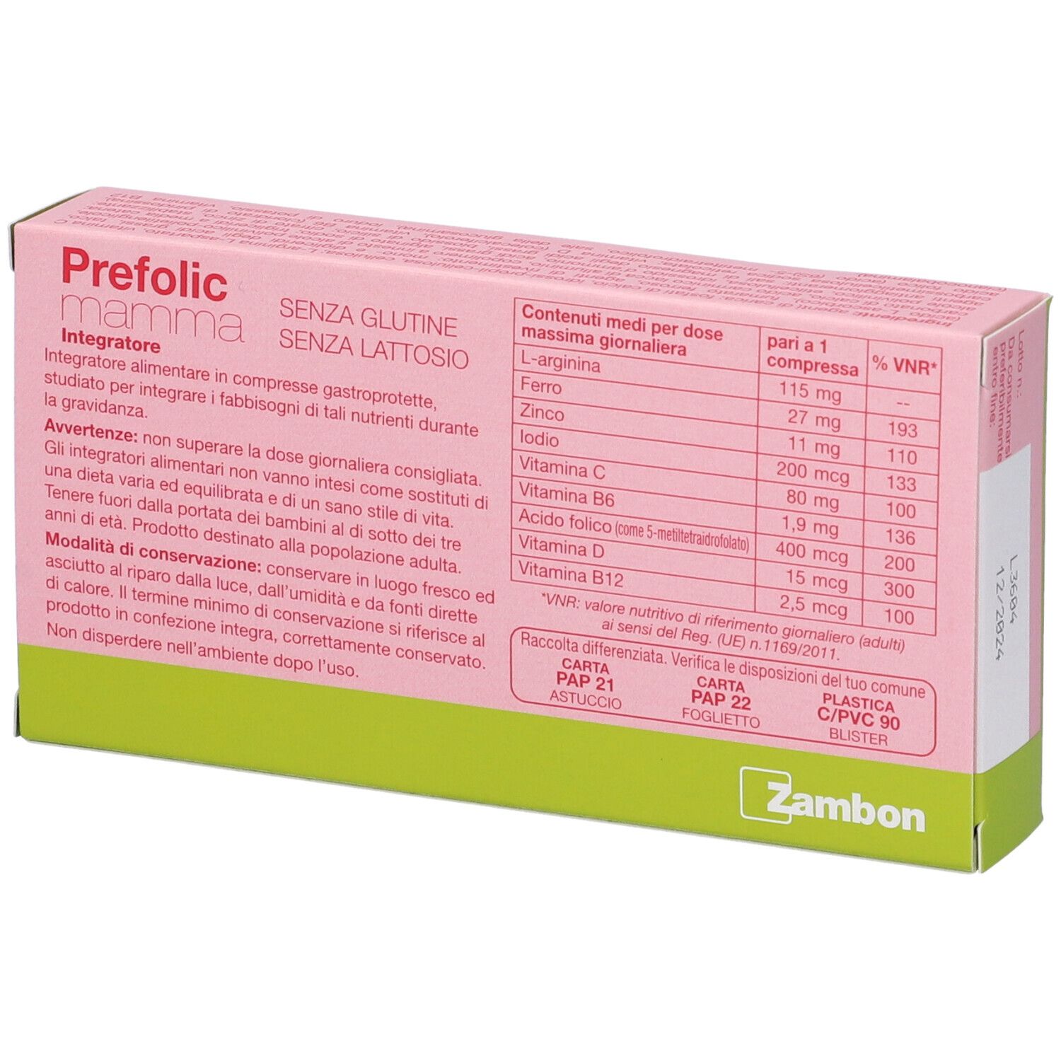 Retro della scatola "Prefolic mamma". Informazioni su ingredienti e valori nutrizionali. Senza glutine e lattosio.