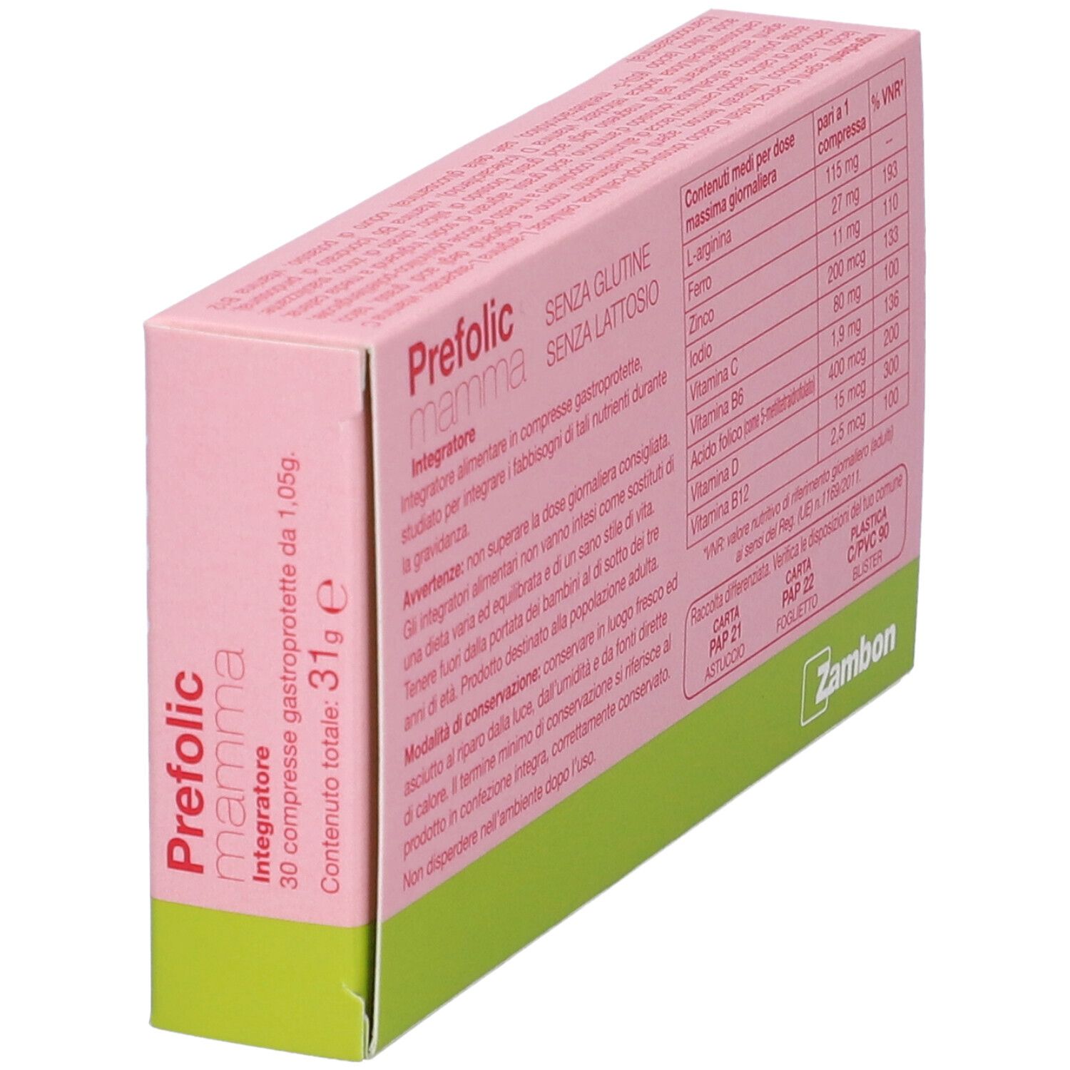 Scatola "Prefolic mamma" con informazioni. Contiene 30 compresse. Peso totale 31g. Senza glutine e lattosio.