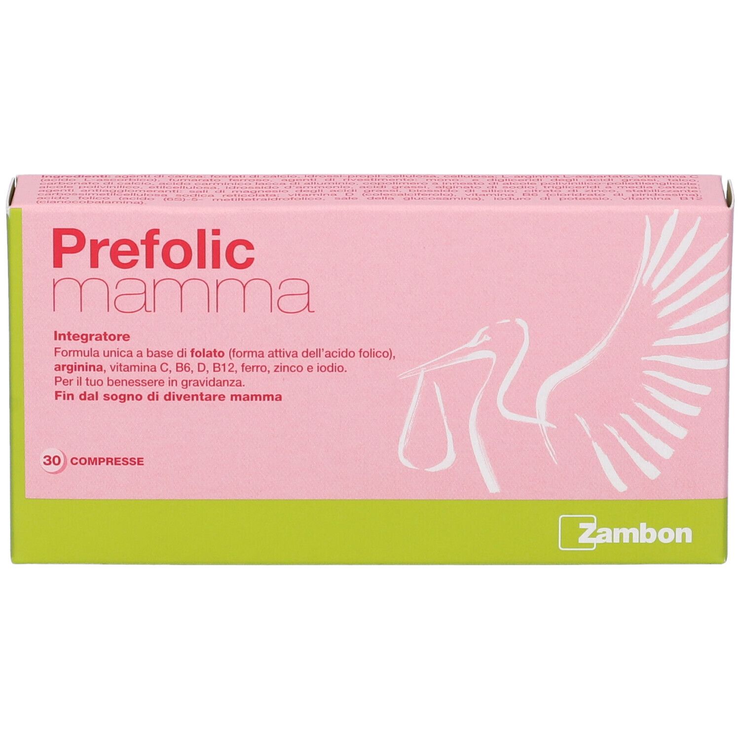 Scatola rosa e verde "Prefolic mamma" con logo e illustrazione di cicogna. Contiene 30 compresse.