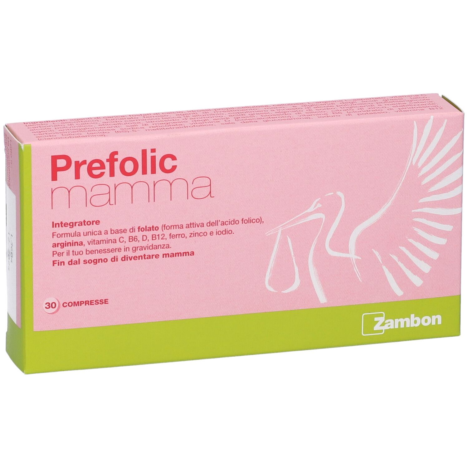 Scatola rosa e verde "Prefolic mamma" con logo e illustrazione di cicogna. Contiene 30 compresse.