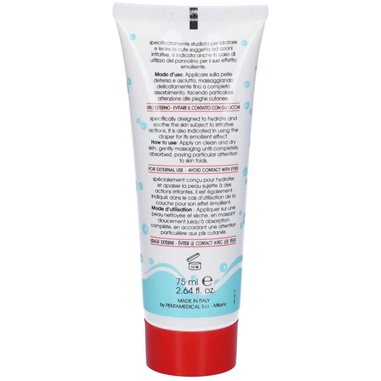 Rückseite der Creme-Tube. Text in italienischer Sprache. Enthält Informationen zur Anwendung und Inhaltsstoffe.