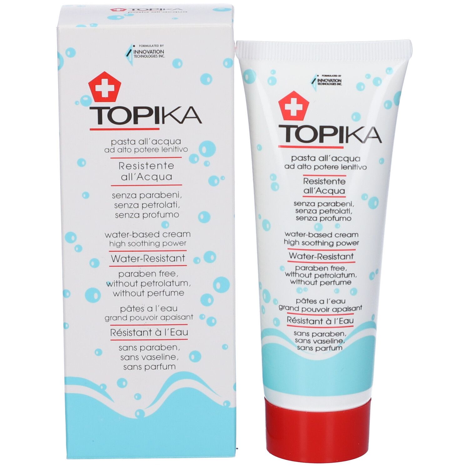 Produktverpackung mit Tube. Aufschrift: Topika, pasta all'acqua, wasserbasiert, wasserfest. Box und Tube.