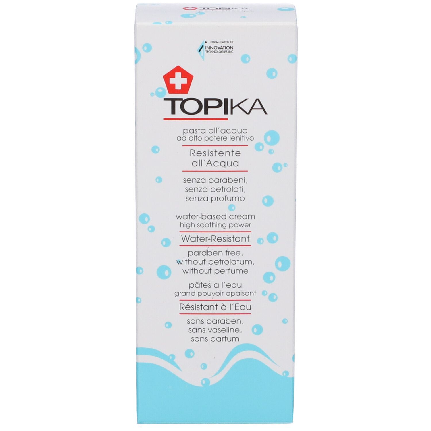 Produktverpackung. Aufschrift: Topika, pasta all'acqua, wasserbasiert, wasserfest. Box mit Produktinformationen.