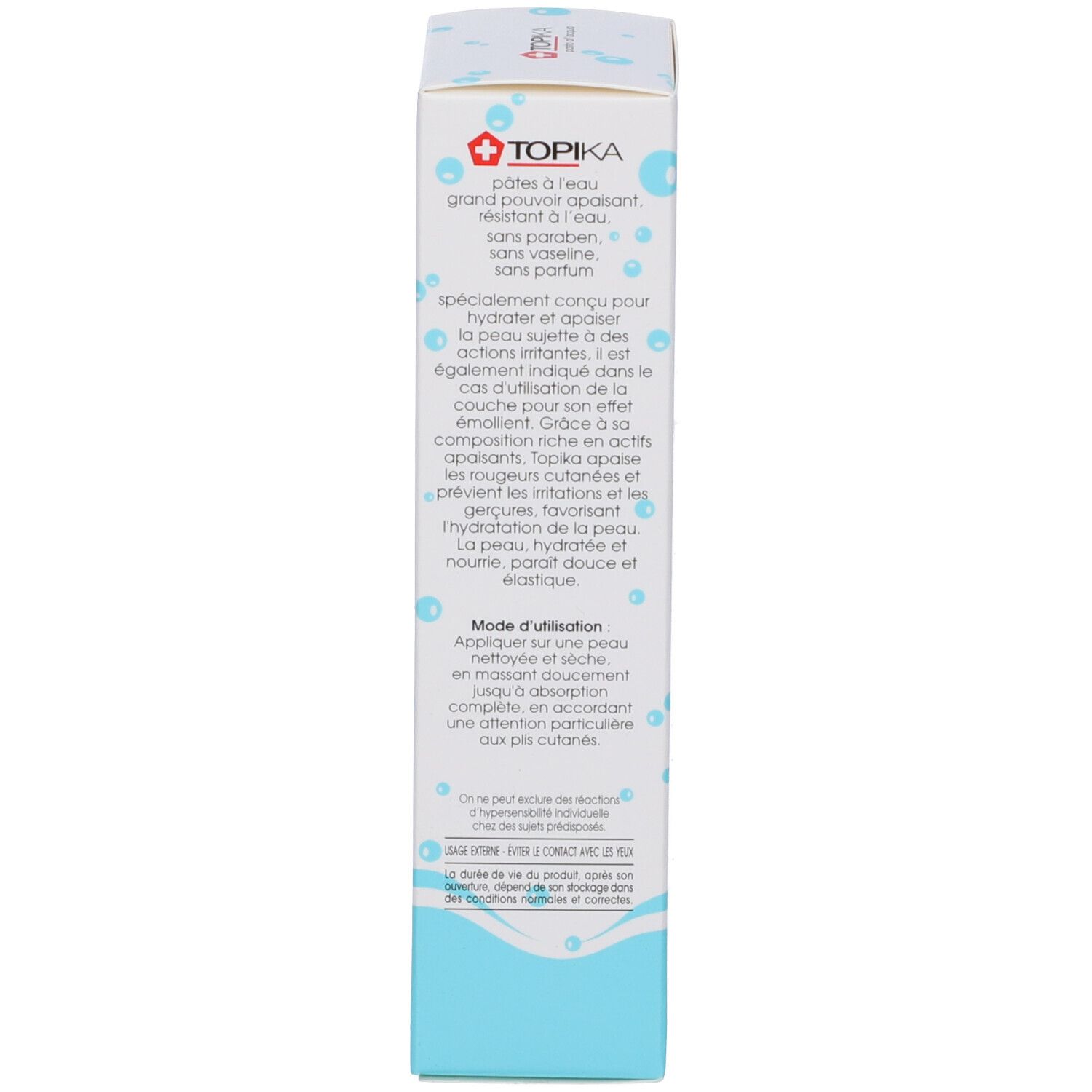 Seitenansicht der Produktverpackung. Text in französischer Sprache. Enthält Informationen zur Anwendung.