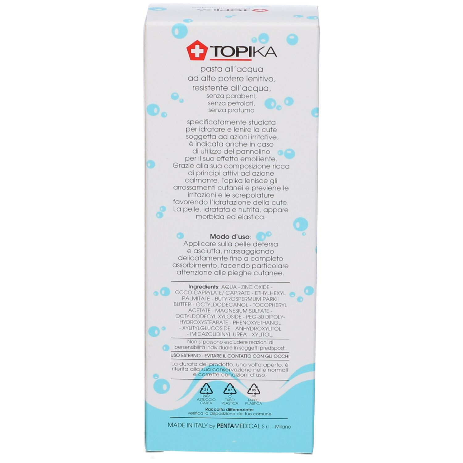 Rückseite der Produktverpackung. Text in italienischer Sprache. Enthält Inhaltsstoffe und Anwendungshinweise.