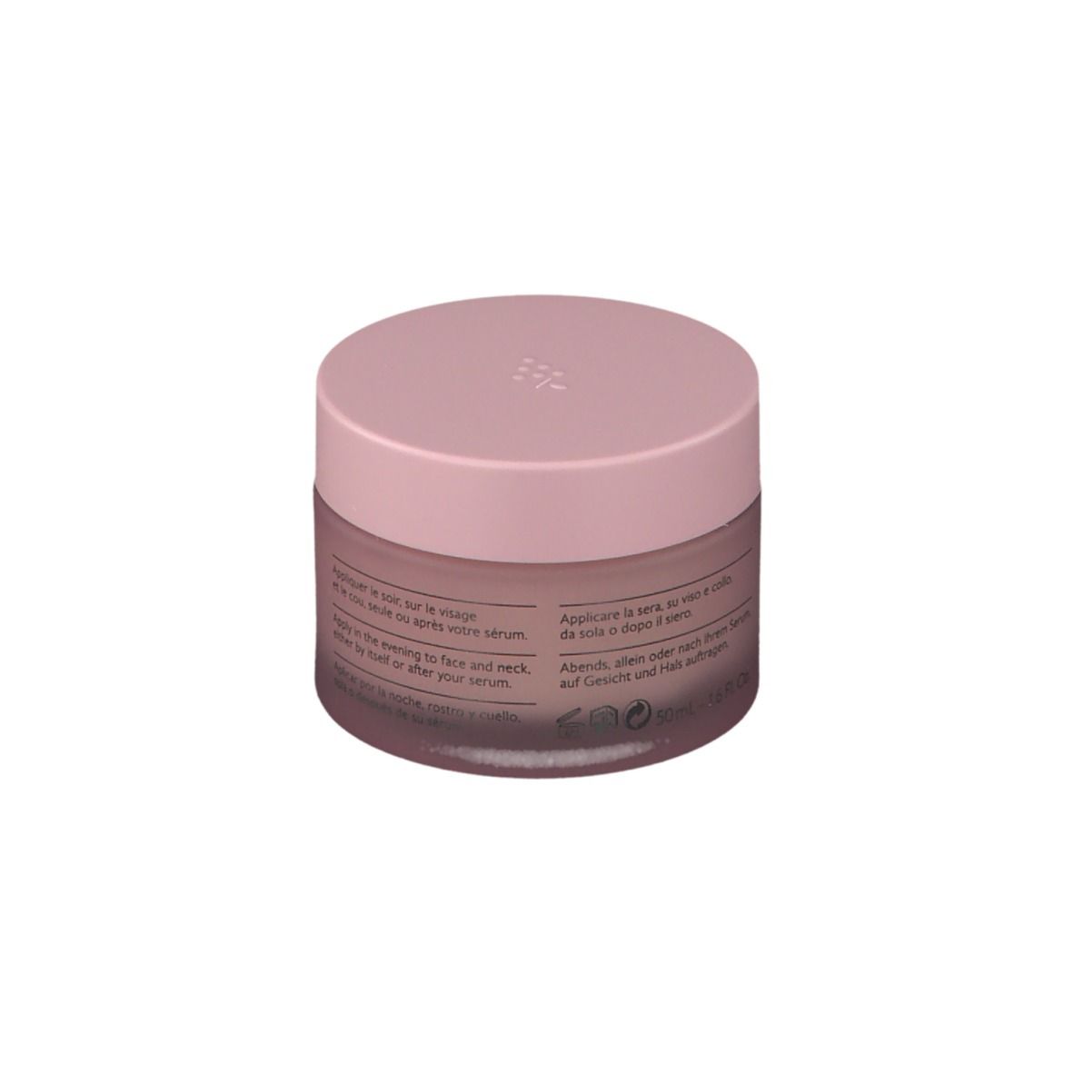 Rosa Tiegel mit Deckel. Aufschrift CAUDALÍE, Resveratrol-Lift, Crème Tisane de Nuit, Firming Night Cream.