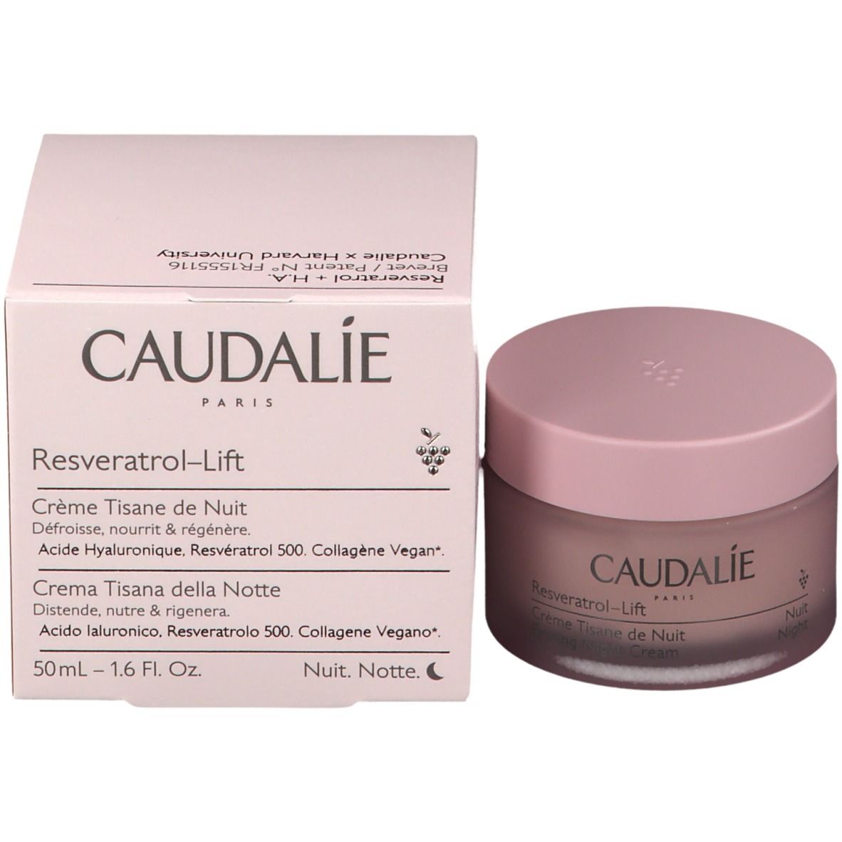 Produktverpackung und Tiegel. Aufschrift CAUDALÍE, Resveratrol-Lift, Crème Tisane de Nuit, Firming Night Cream.