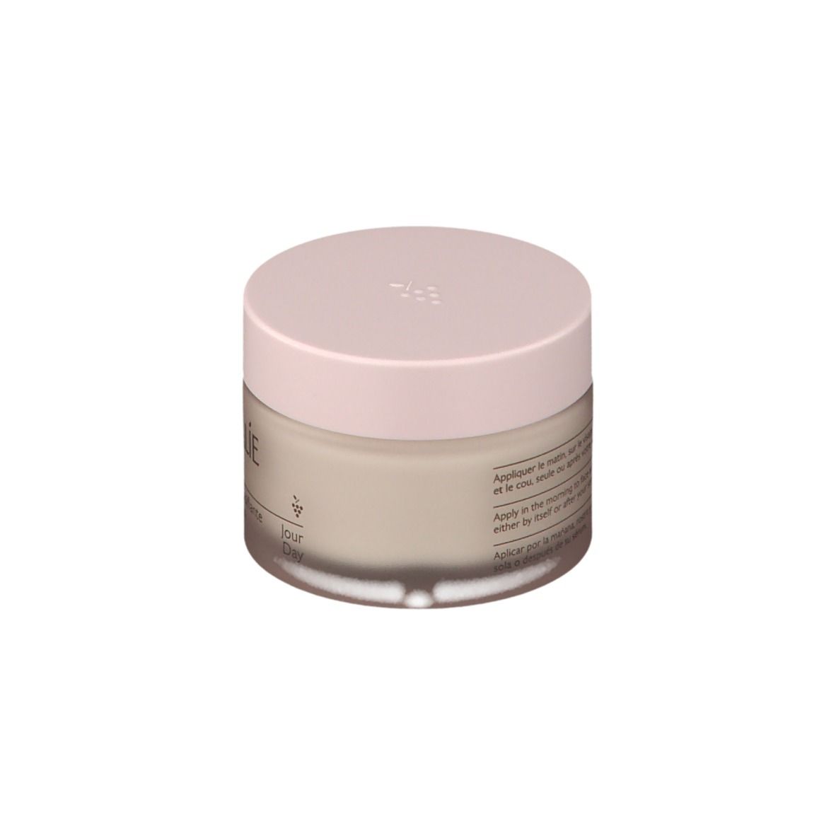 Pot de crème avec couvercle rose. Dos avec texte.