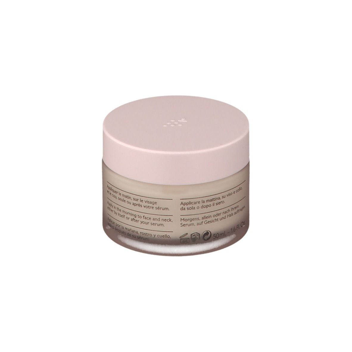 Pot de crème avec couvercle rose. Dos avec texte.
