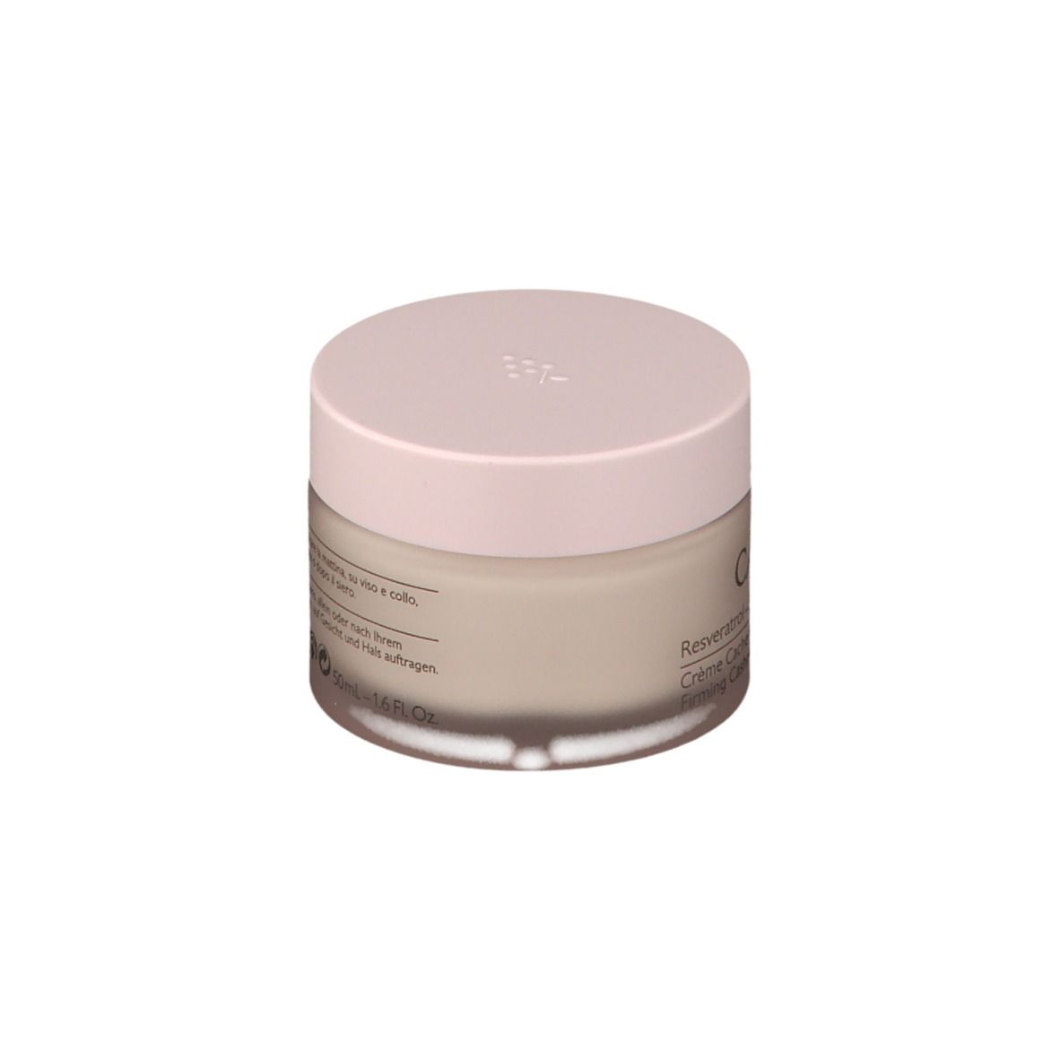 Pot de crème avec couvercle rose. Dos avec texte.